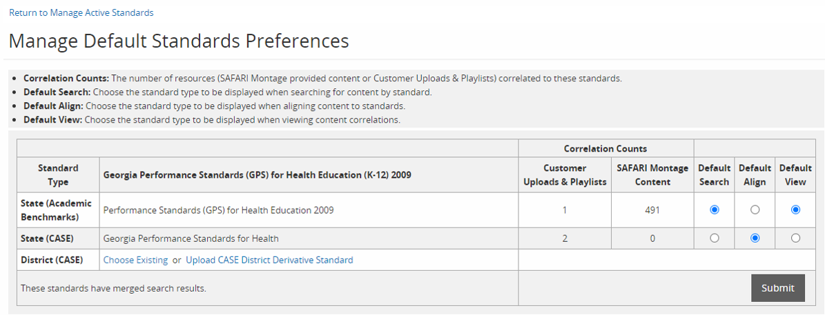 Manage Standards Preferences